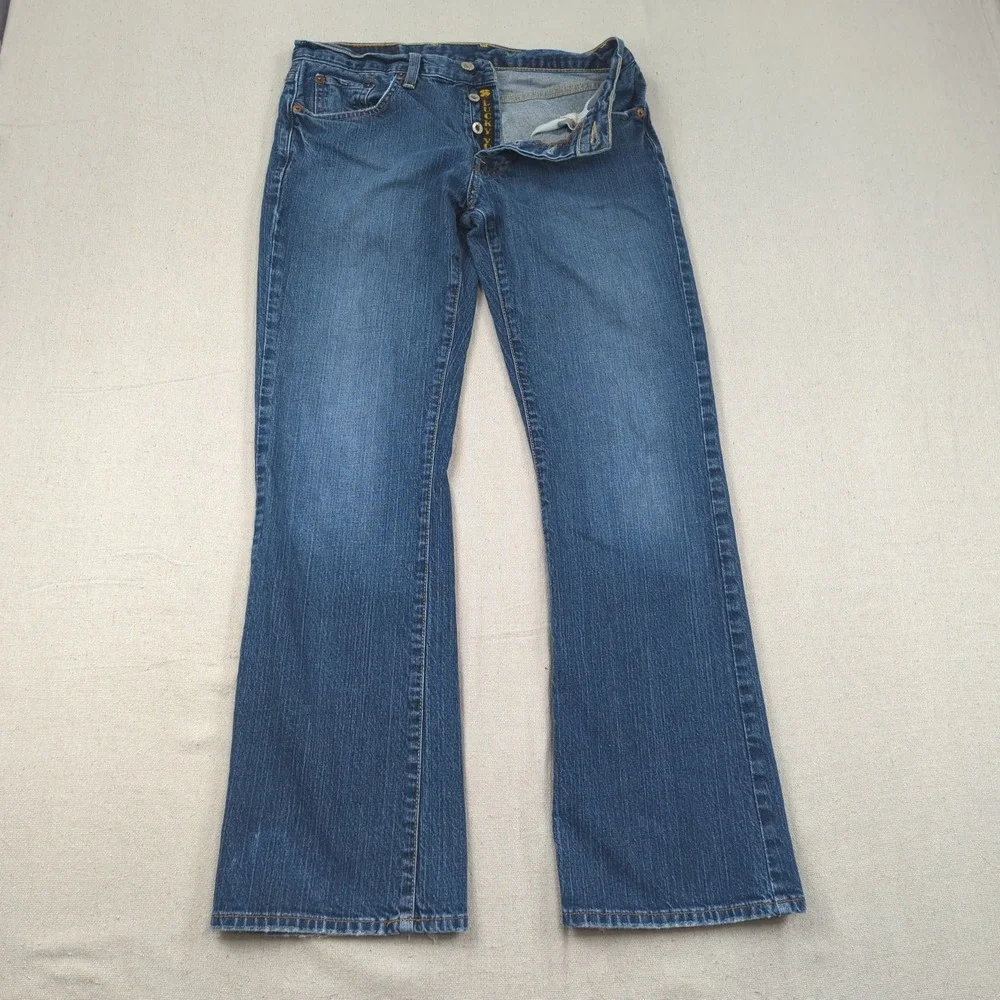 Lucky Brand Jeans Mens 30x31 Blue Slim Boot Cut Buton Fly Western Distressed